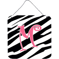 "Caroline's Treasures Letter M Initial Zebra Stripe and Pink Wall or Door Hanging Prints, 6 x 6"", Multicolor"
