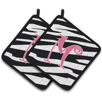 "Caroline's Treasures Monogram Initial M Zebra Stripe & Pink Pair of Pot Holders CJ1037-MPTHD, 7.5HX7.5W, Multicolor"