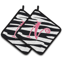 "Caroline's Treasures Monogram Initial N Zebra Stripe & Pink Pair of Pot Holders CJ1037-NPTHD, 7.5HX7.5W, Multicolor"
