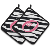 "Caroline's Treasures Monogram Initial O Zebra Stripe & Pink Pair of Pot Holders CJ1037-OPTHD, 7.5HX7.5W, Multicolor"
