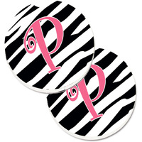 "Caroline's Treasures Monogram Initial P Zebra Stripe & Pink Set of 2 Cup Holder Car Coasters CJ1037-PCARC, 2.56, Multicolor"