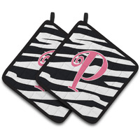 "Caroline's Treasures Monogram Initial P Zebra Stripe & Pink Pair of Pot Holders CJ1037-PPTHD, 7.5HX7.5W, Multicolor"