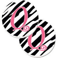 "Caroline's Treasures Monogram Initial Q Zebra Stripe & Pink Set of 2 Cup Holder Car Coasters CJ1037-QCARC, 2.56, Multicolor"
