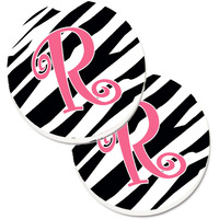 "Caroline's Treasures Monogram Initial R Zebra Stripe & Pink Set of 2 Cup Holder Car Coasters CJ1037-RCARC, 2.56, Multicolor"