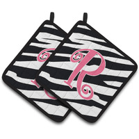 "Caroline's Treasures Monogram Initial R Zebra Stripe & Pink Pair of Pot Holders CJ1037-RPTHD, 7.5HX7.5W, Multicolor"