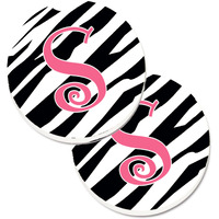 "Caroline's Treasures Monogram Initial S Zebra Stripe & Pink Set of 2 Cup Holder Car Coasters CJ1037-SCARC, 2.56, Multicolor"
