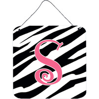 "Caroline's Treasures Letter S Initial Zebra Stripe and Pink Wall or Door Hanging Prints, 6 x 6"", Multicolor"
