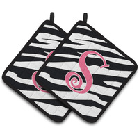 "Caroline's Treasures Monogram Initial S Zebra Stripe & Pink Pair of Pot Holders CJ1037-SPTHD, 7.5HX7.5W, Multicolor"