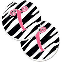"Caroline's Treasures Monogram Initial T Zebra Stripe & Pink Set of 2 Cup Holder Car Coasters CJ1037-TCARC, 2.56, Multicolor"