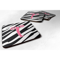 "Caroline's Treasures CJ1037-TFC Monogram-Zebra Stripe and Pink Foam Coasters (Set of 4), Initial Letter T, 3.5"" H x 3.5"" W, Multicolor"