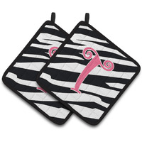 "Caroline's Treasures Monogram Initial T Zebra Stripe & Pink Pair of Pot Holders CJ1037-TPTHD, 7.5HX7.5W, Multicolor"