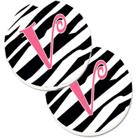 "Caroline's Treasures Monogram Initial V Zebra Stripe & Pink Set of 2 Cup Holder Car Coasters CJ1037-VCARC, 2.56, Multicolor"
