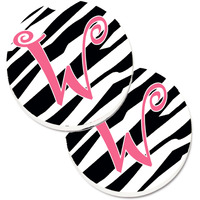 "Caroline's Treasures Monogram Initial W Zebra Stripe & Pink Set of 2 Cup Holder Car Coasters CJ1037-WCARC, 2.56, Multicolor"