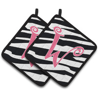 "Caroline's Treasures Monogram Initial W Zebra Stripe & Pink Pair of Pot Holders CJ1037-WPTHD, 7.5HX7.5W, Multicolor"