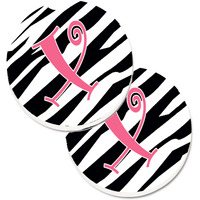"Caroline's Treasures Monogram Initial x Zebra Stripe & Pink Set of 2 Cup Holder Car Coasters CJ1037-XCARC, 2.56, Multicolor"