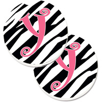 "Caroline's Treasures Monogram Initial Y Zebra Stripe & Pink Set of 2 Cup Holder Car Coasters CJ1037-YCARC, 2.56, Multicolor"