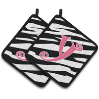 "Caroline's Treasures Monogram Initial Y Zebra Stripe & Pink Pair of Pot Holders CJ1037-YPTHD, 7.5HX7.5W, Multicolor"