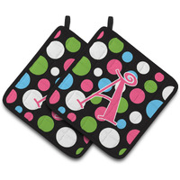 "Caroline's Treasures Letter A Monogram - Polkadots & Pink Pair of Pot Holders CJ1038-APTHD, 7.5HX7.5W, Multicolor"