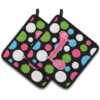 "Caroline's Treasures CJ1038-LPTHD Monogram Initial L Polka Dots and Pink Pot Holders (1 Pair), 7.5"" x 7.5"", Multicolor"