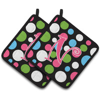 "Caroline's Treasures Monogram Initial N Polkadots & Pink Pair of Pot Holders CJ1038-NPTHD, 7.5HX7.5W, Multicolor"