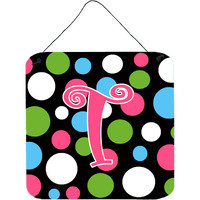 "Caroline's Treasures Letter T Initial Monogram-Polka dots and Pink Wall or Door Hanging Prints, 6 x 6"", Multicolor"