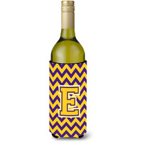 Letter E Chevron Purple and Gold Wine Bottle Beverage Insulator Hugger CJ1041-ELITERK