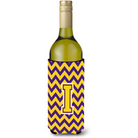 Letter I Chevron Purple and Gold Wine Bottle Beverage Insulator Hugger CJ1041-ILITERK
