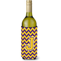 Letter J Chevron Purple and Gold Wine Bottle Beverage Insulator Hugger CJ1041-JLITERK