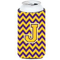 Letter J Chevron Purple and Gold Tall Boy Beverage Insulator Hugger CJ1041-JTBC