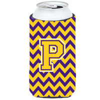 Letter P Chevron Purple and Gold Tall Boy Beverage Insulator Hugger CJ1041-PTBC