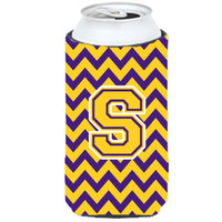 Letter S Chevron Purple and Gold Tall Boy Beverage Insulator Hugger CJ1041-STBC