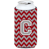 Letter C Chevron Crimson and Grey   Tall Boy Beverage Insulator Hugger CJ1043-CTBC