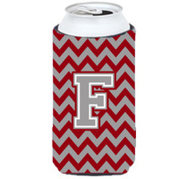 Letter F Chevron Crimson and Grey   Tall Boy Beverage Insulator Hugger CJ1043-FTBC