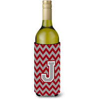 Letter J Chevron Crimson and Grey   Wine Bottle Beverage Insulator Hugger CJ1043-JLITERK