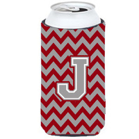 Letter J Chevron Crimson and Grey   Tall Boy Beverage Insulator Hugger CJ1043-JTBC