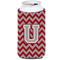 Letter U Chevron Crimson and Grey   Tall Boy Beverage Insulator Hugger CJ1043-UTBC