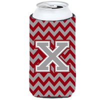 Letter X Chevron Crimson and Grey   Tall Boy Beverage Insulator Hugger CJ1043-XTBC