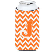 Letter J Chevron Orange and White Tall Boy Beverage Insulator Hugger CJ1046-JTBC
