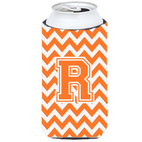 Letter R Chevron Orange and White Tall Boy Beverage Insulator Hugger CJ1046-RTBC
