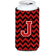 Letter J Chevron Black and Red   Tall Boy Beverage Insulator Hugger CJ1047-JTBC