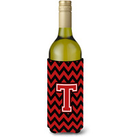 Letter T Chevron Black and Red   Wine Bottle Beverage Insulator Hugger CJ1047-TLITERK