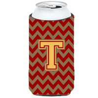 Letter T Chevron Garnet and Gold  Tall Boy Beverage Insulator Hugger CJ1048-TTBC