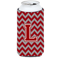 Letter L Chevron Maroon and White Tall Boy Beverage Insulator Hugger CJ1049-LTBC