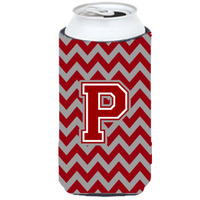 Letter P Chevron Maroon and White Tall Boy Beverage Insulator Hugger CJ1049-PTBC