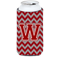 Letter W Chevron Maroon and White Tall Boy Beverage Insulator Hugger CJ1049-WTBC