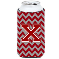 Letter X Chevron Maroon and White Tall Boy Beverage Insulator Hugger CJ1049-XTBC