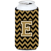 Letter E Chevron Black and Gold  Tall Boy Beverage Insulator Hugger CJ1050-ETBC