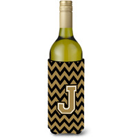 Letter J Chevron Black and Gold  Wine Bottle Beverage Insulator Hugger CJ1050-JLITERK