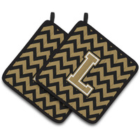 "Caroline's Treasures Letter L Chevron black & Gold Pair of Pot Holders CJ1050-LPTHD, 7.5HX7.5W, Multicolor"
