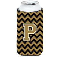 Letter P Chevron Black and Gold  Tall Boy Beverage Insulator Hugger CJ1050-PTBC